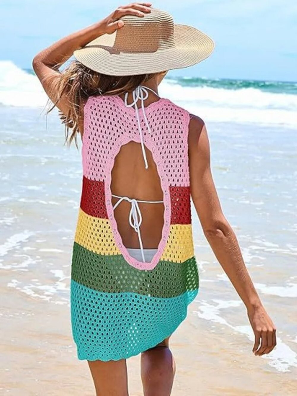 Color Block Openwork Sleeveless Cutout Back Cover-Up - Picture 2 of 15